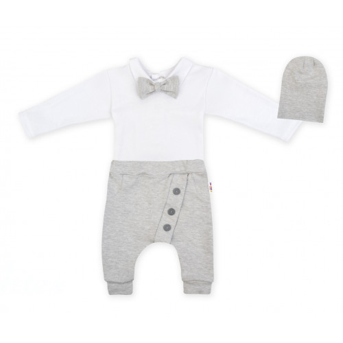 Baby Nellys 3-dielna sada Hubert, body s motýlikom, tepláčiky a čiapočka - sivá, veľ. 92
