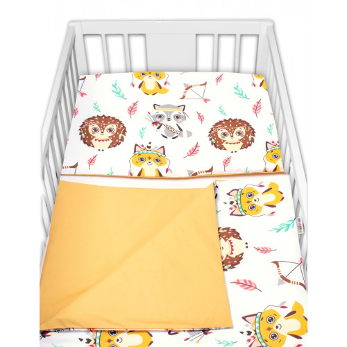 Baby Nellys 3-dielna sada Mantinel s povl. Ježko,Líška, biela s potlač./horčicová, 135x100