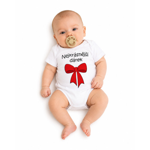 Body krátky rukáv s vtipným textom Baby Nellys, Nejkrásnější dárek, biele, veľ. 80