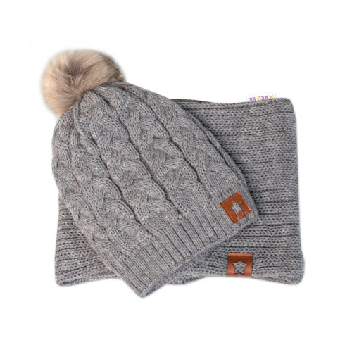 BABY NELLYS Zimná dvojvrstvová čiapka s brmbolcom + komínček Star, sivá