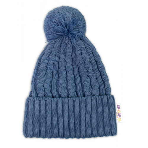 Pletená zimná čiapka s brmbolcom + komínček BABY NELLYS - modrá, jeans,veľ. 48-52cm