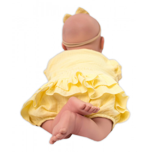 Baby Nellys 3-dielna mušelínová súpravička, body, kraťasky+čelenka GIRL, žltá