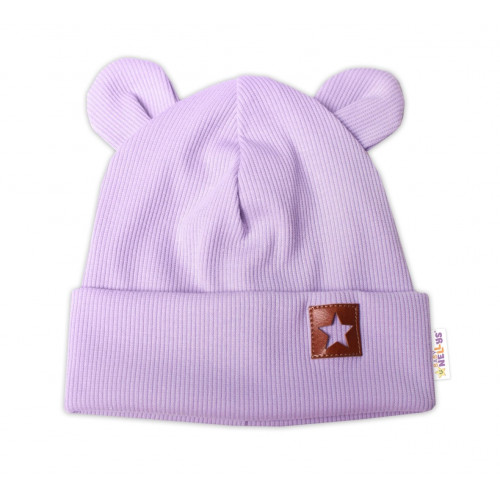 Baby Nellys Rebrovaná dvojvrstvová čiapka s uškami TEDDY - lila, veľ. 68/74