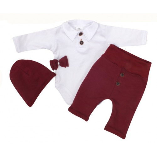 Z&Z 4-dielna súpravička body, tepláčky, čiapočka a motýlik, biela/bordó, veľ. 74