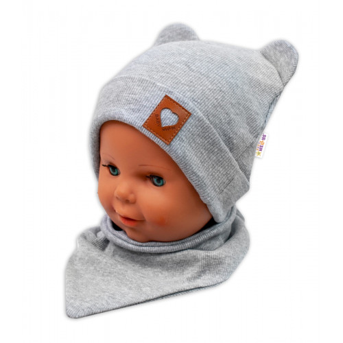 Baby Nellys Rebrovaná dvojvrstvová čiapka s uškami + šatka TEDDY - sivý melír, 80/86