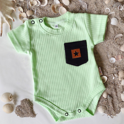 Bavlnené rebrované body s kapsičkou, kr. rukáv, Summer Boy, zelené, veľ.74