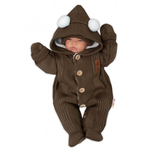 Baby Nellys Pletená kombinéza/overal LUX STAR s kožúškom - dvojvrstvová, hnědá