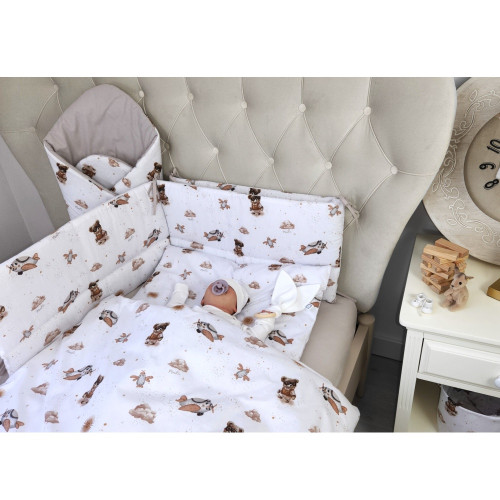 Mantinel s obliečkami do postieľky, 3D sada Bavlna, Méďa pilot - biela, béžová, 135x100