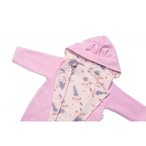 Baby Nellys Dvojvrstvový velúrový overal s kapucňou Bunny, ružový, veľ. 74
