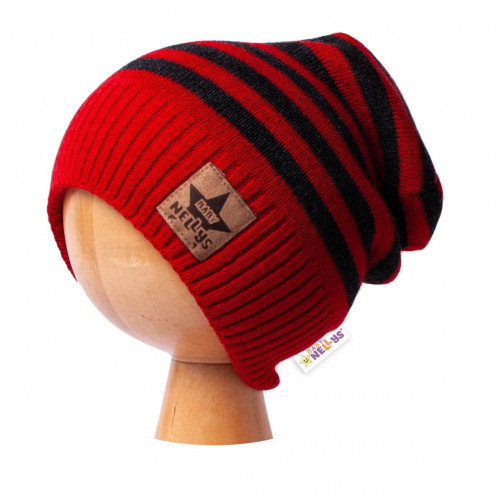 BABY NELLYS Jesenná/zimní prúžkovaná čiapka - červená/grafit