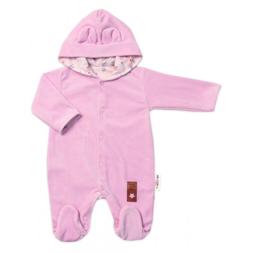 Baby Nellys Dvojvrstvový velúrový overal s kapucňou Bunny, ružový, veľ. 86