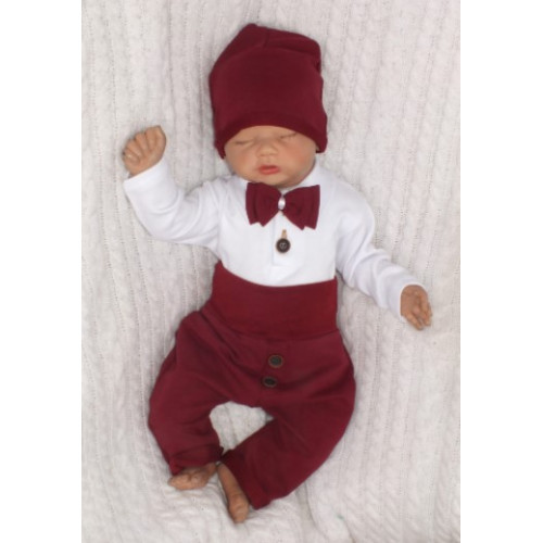 Z&Z 4-dielna súpravička body, tepláčky, čiapočka a motýlik, biela/bordó, veľ. 80