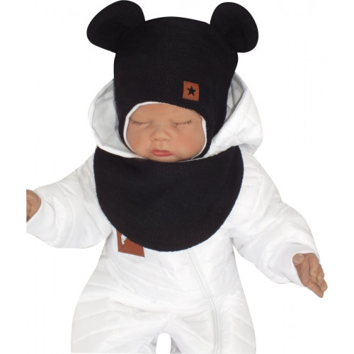 Z&Z Dvojvrstvová pletená čiapka na zaväzovanie so šatkou 2v1, Méďa - čierna, vel. 68