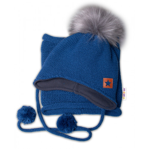 Zimná čiapka s fleecom a chlupáčková bambuľa Star + komínok - granát, 104/116