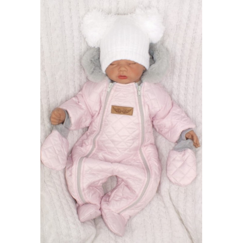 Z&Z Zimná prešívaná kombinéza s kožušinou a kapucňou + rukavičky - sv.ružová