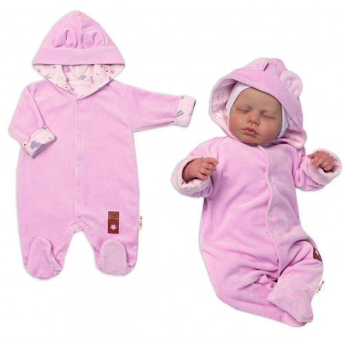 Baby Nellys Dvojvrstvový velúrový overal s kapucňou Bunny, ružový, veľ. 74