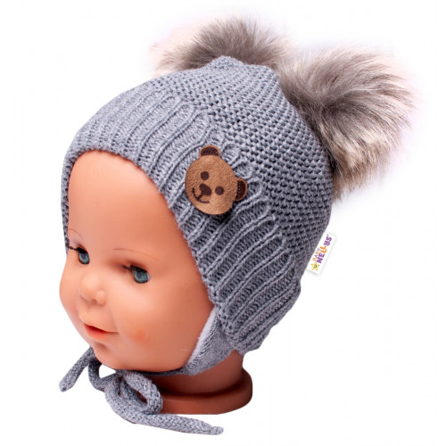 Zimná čiapka s fleecom Teddy Bear - chlupáčk. bambuľky - tm. šedá, šedá