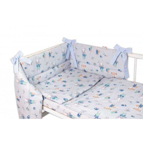 BABY NELLYS 3-dielna sada mantinel s obliečkami, Líška a zajac, modré, 135x100 cm