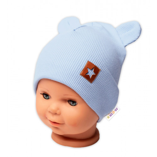 Baby Nellys Rebrovaná dvojvrstvová čiapka s uškami TEDDY - sv. modrá, veľ. 80/86
