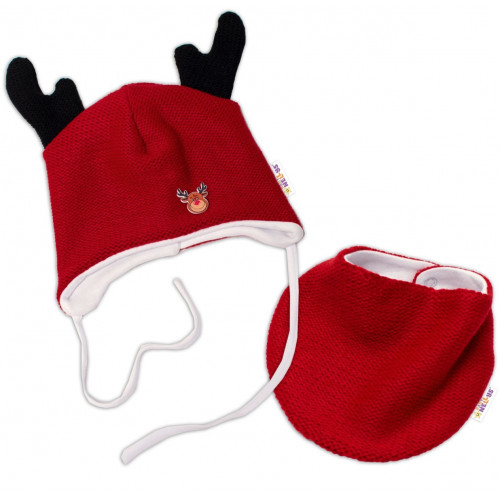 Baby Nellys Pletená dvojvrstvová čiapka so šatkou Sobík, červená/biela