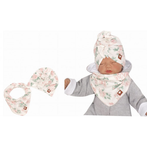 Z&Z Štýlová detská jarná / jesenná bavlnená čiapka, turban s šatkou, kvietky, vel. 68/80