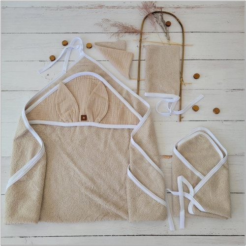 Detská luxusná 4D bambusová sada - osuška s kapucňou a uterákom + 2 žinky, bežová