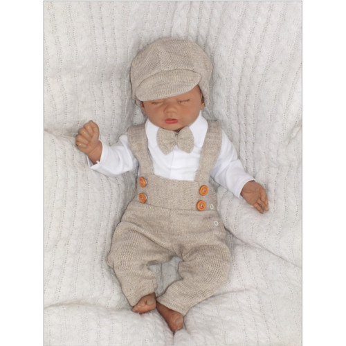 Z&Z 5-dielna pletená sada Boy, body, nohavice, čiapočka motýlik, topánočky, béžová, veľ.68