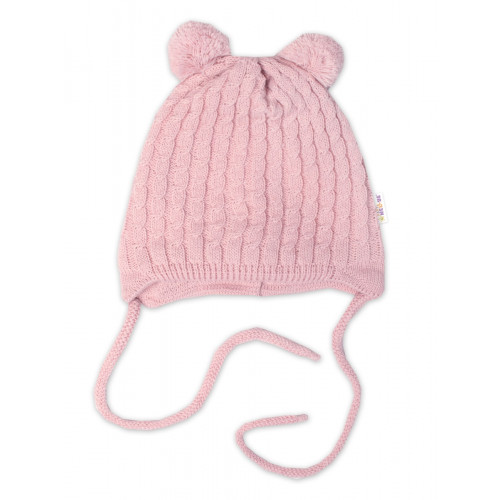 Zimní čepice na zavazování s bambulky + šál, Baby Nellys - púdrovo ružová