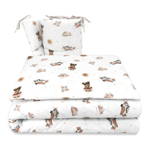 Mantinel s obliečkami do postieľky, 3D sada Bavlna, Méďa pilot - biela, béžová