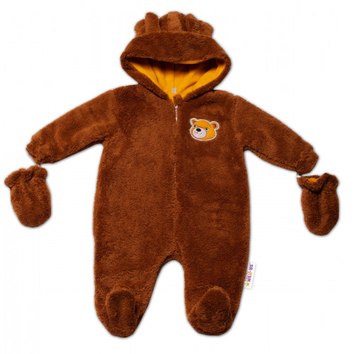Baby Nellys Chlpáčkový overal Luna s kapucňou + rukavičky, Macko, hnedý, veľ. 68