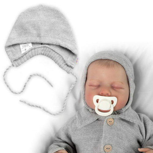 Pletená čiapočka na zaväzovanie bonetka Boy, Hand Made Baby Nellys, sivá
