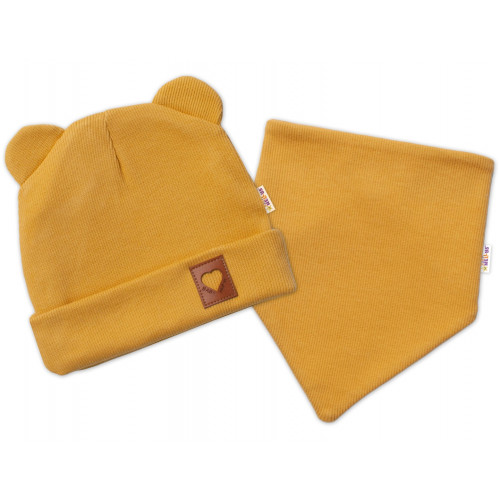 Baby Nellys Rebrovaná dvojvrstvová čiapka s uškami + šatka TEDDY - horčicová, 92/98