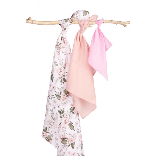 Mušelínové plienky 3 ks - sada rôznych veľkostí - Kvety ružové