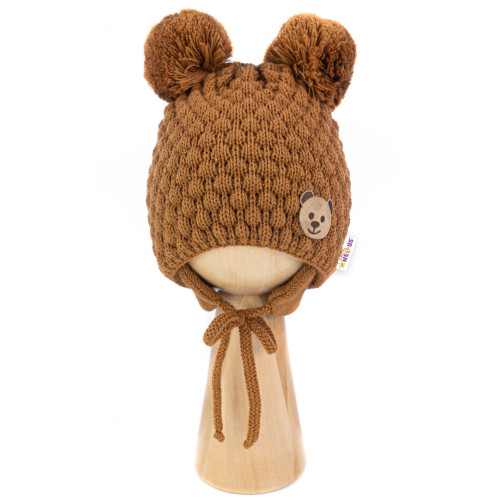 Zimná pletená čiapka Teddy na zaväzovanie, hnedá, 68/80, (6-12m)