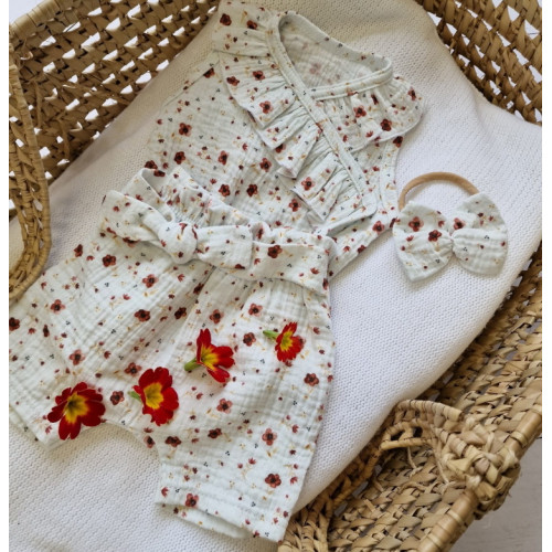 Zavinovacie body s volánikom, kraťasy + čelenka mušelín, 3D,Z&Z Kvetinky, smotanové,veľ.80