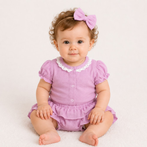 Baby Nellys 3-dielna mušelínová súpravička, body, kraťasky+čelenka GIRL, lila, veľ. 68