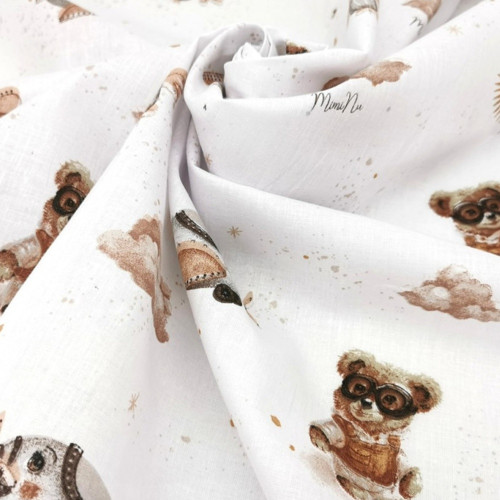 Mantinel s obliečkami do postieľky, 3D sada Bavlna, Méďa pilot - biela, béžová, 135x100