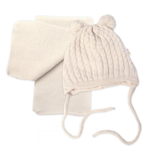 Zimná čiapka na zaväzovanie s brmbolcami + šál, Baby Nellys - béžová, vel. 62/68