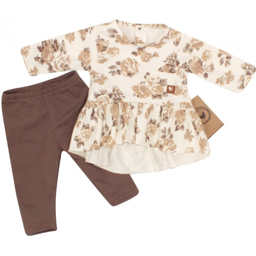 Bavlnená sada, 2D, tunika + legíny s kvetmi - čokoládová/ecru