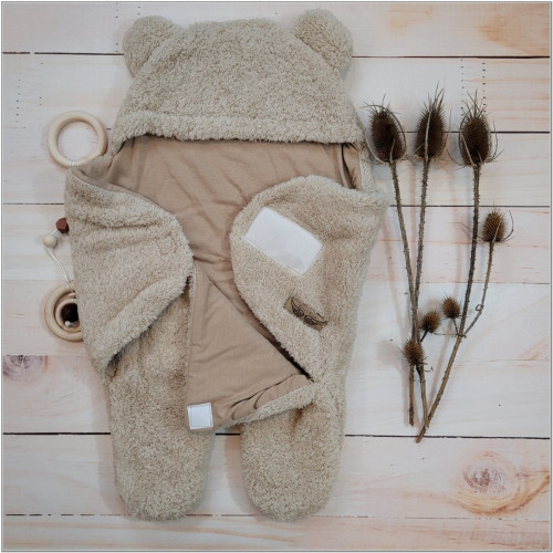 Chlpáčková zavinovačka s kapucňou a nožičkami, Medvedík, béžová