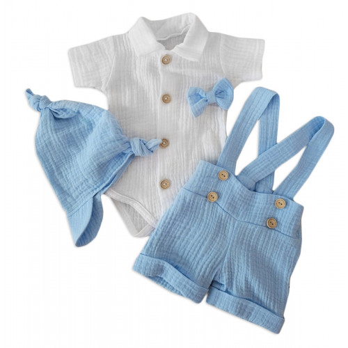 Mušelínové kraťasy s láclom, bodýčko, čiapočka, motýlik 4D sada, Z&Z, modrá/biela, veľ. 62