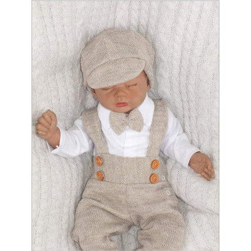 Z&Z 5-dielna pletená sada Boy, body, nohavice, čiapočka motýlik, topánočky, béžová, veľ.68