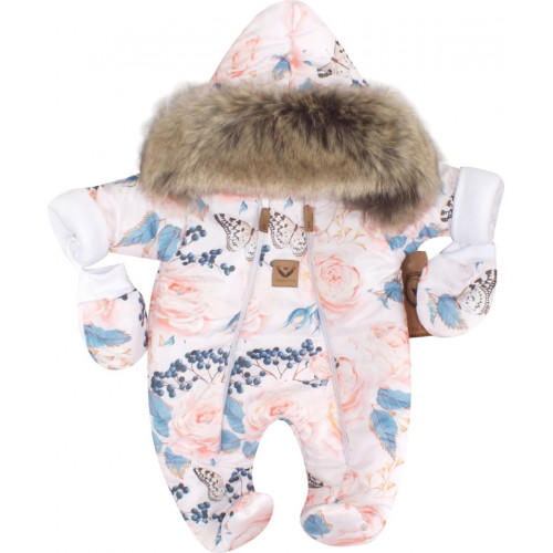 Zimná kombinéza s dvojitým zipsom, kapucňou + rukavičky, Z&Z Angel, ružičky,veľ.74