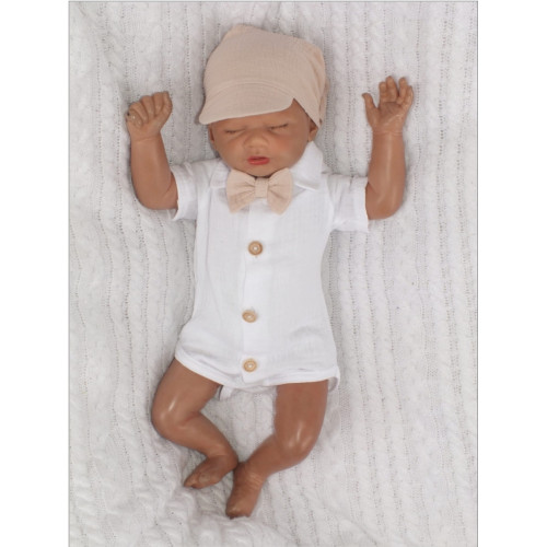 Mušelínové kraťasy s láclom, bodýčko, čiapočka, motýlik 4D sada, Z&Z, piesková/biela