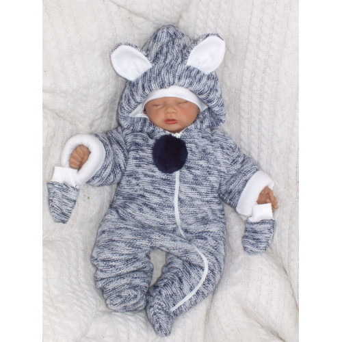 Oteplená pletená kombinéza s kapucňou a uškami + rukavičky - granát. vel. 68