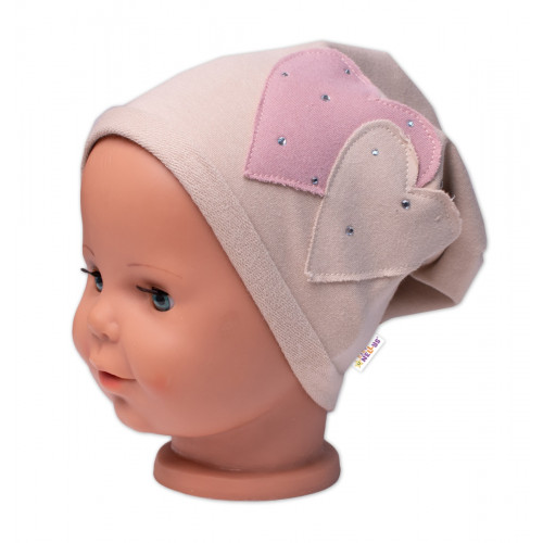 Detská čiapka bavlna, Srdiečka s kamienkami, Baby Nellys, béžová, veľ. 104/134