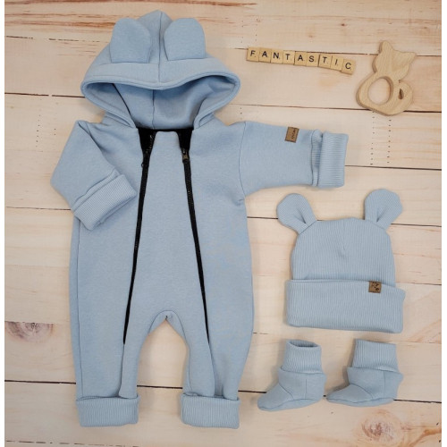 Oteplený detský overal bez šľapiek s kapucňou, čiapočka + topánočky, 3D, Kazum, modrý