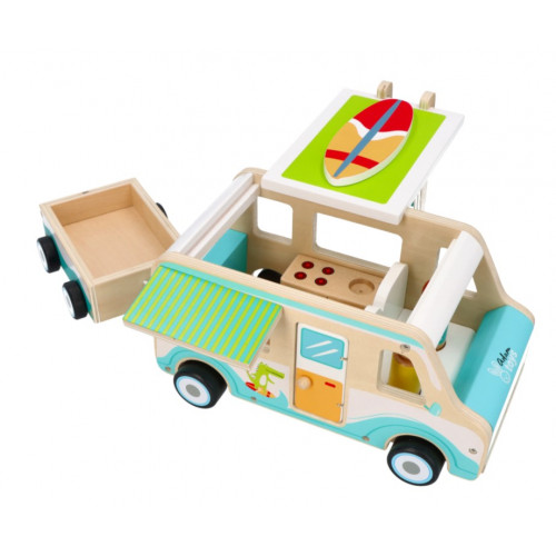 Adam Toys Drevený auto karavan s prívesom a príslušenstvom