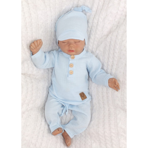 Mušelínové tričko dl. rukáv, nohavice + šatka uzlík, 3D sada, Z&Z, modrá