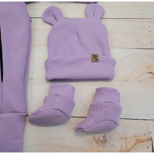 Oteplený detský overal bez šľapiek s kapucňou, čiapočka+topánočky, 3D, Kazum, lila, veľ.80